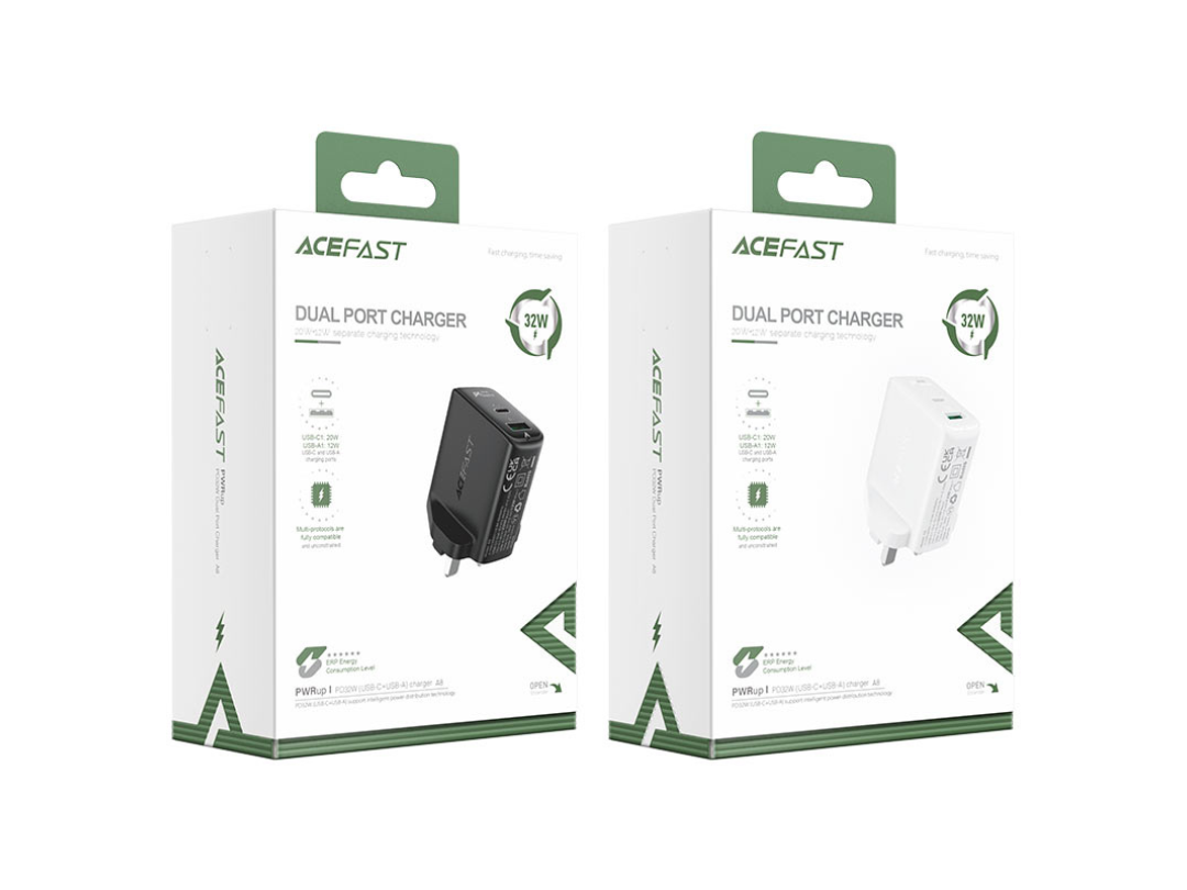 ACEFAST A8 PD32W Wall Charger UK Plug, USB-C & USB-A Fast Charging