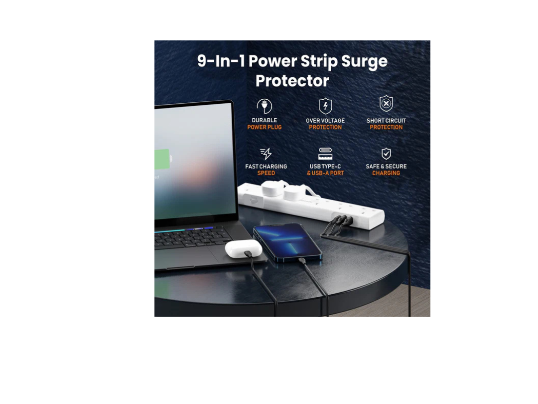 Moxedo 3250W Power Strip Surge Protector 9 Way 1 USB-C PD Ports + 2 USB-A Ports + 6 AC Outlets with 2M Cable Length