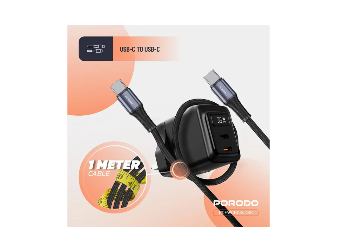شاحن حائط Porodo GaN بقوة 35 واط بمنفذي USB-C وكابل USB من النوع C إلى C بطول 1 متر مع عرض الطاقة في الوقت الفعلي - أسود (PDFWCH084CBK) شاحن حائط Porodo GaN بقوة 35 واط بمنفذي USB-C وكابل USB من النوع C إلى C بطول 1 متر مع عرض الطاقة في الوقت الفعلي - أسود (PDFWCH084CBK)