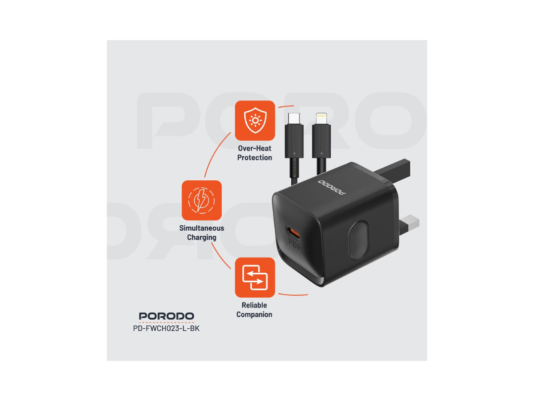شاحن حائط Porodo USB-C Power Delivery GaN في المملكة المتحدة مع كابل Lightning شاحن حائط Porodo USB-C Power Delivery GaN في المملكة المتحدة مع كابل Lightning
