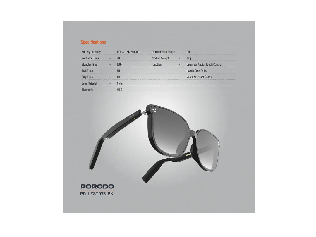 Porodo Polarized Sunglasses with Bluetooth Speaker – Black