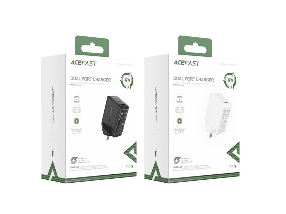 ACEFAST A8 PD32W Fast Charger - USB-C + USB-A, UK Plug, Dual Port