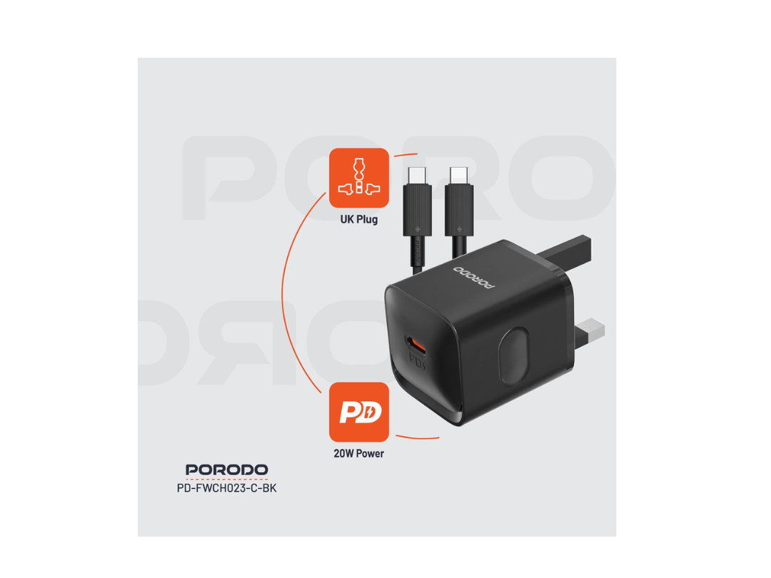 Porodo PD 20W USB-C Power Delivery Wall Charger Adapter with Type C to C Cable - Black (PD-FWCH023-C-BK) Porodo PD 20W USB-C Power Delivery Wall Charger Adapter with Type C to C Cable - Black (PD-FWCH023-C-BK)