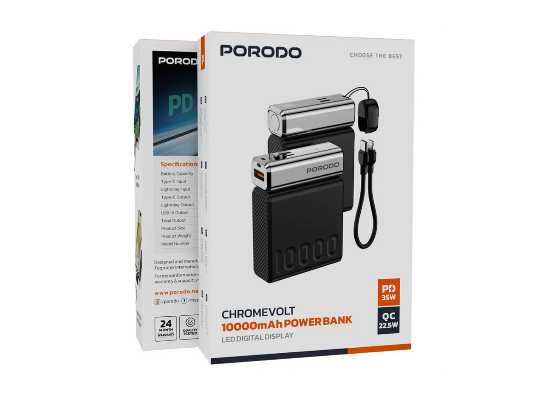 Porodo Chrome Volt 10000mAh Power Bank – Black | Same-Day Qatar