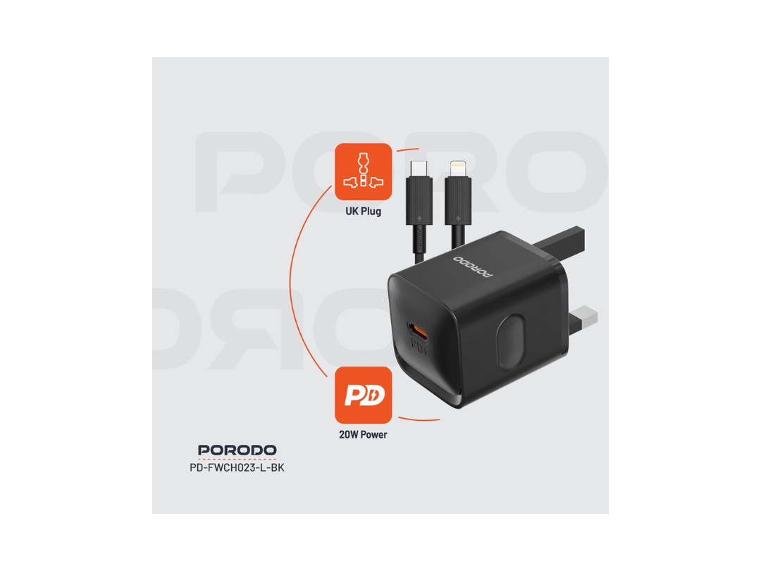 Porodo GaN USB-C Charger UK with MFi Lightning Cable – Fast Delivery
