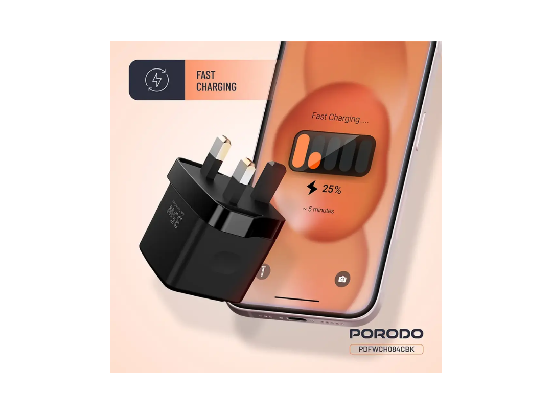 شاحن حائط Porodo GaN بقوة 35 واط بمنفذي USB-C وكابل USB من النوع C إلى C بطول 1 متر مع عرض الطاقة في الوقت الفعلي - أسود (PDFWCH084CBK) شاحن حائط Porodo GaN بقوة 35 واط بمنفذي USB-C وكابل USB من النوع C إلى C بطول 1 متر مع عرض الطاقة في الوقت الفعلي - أسود (PDFWCH084CBK)