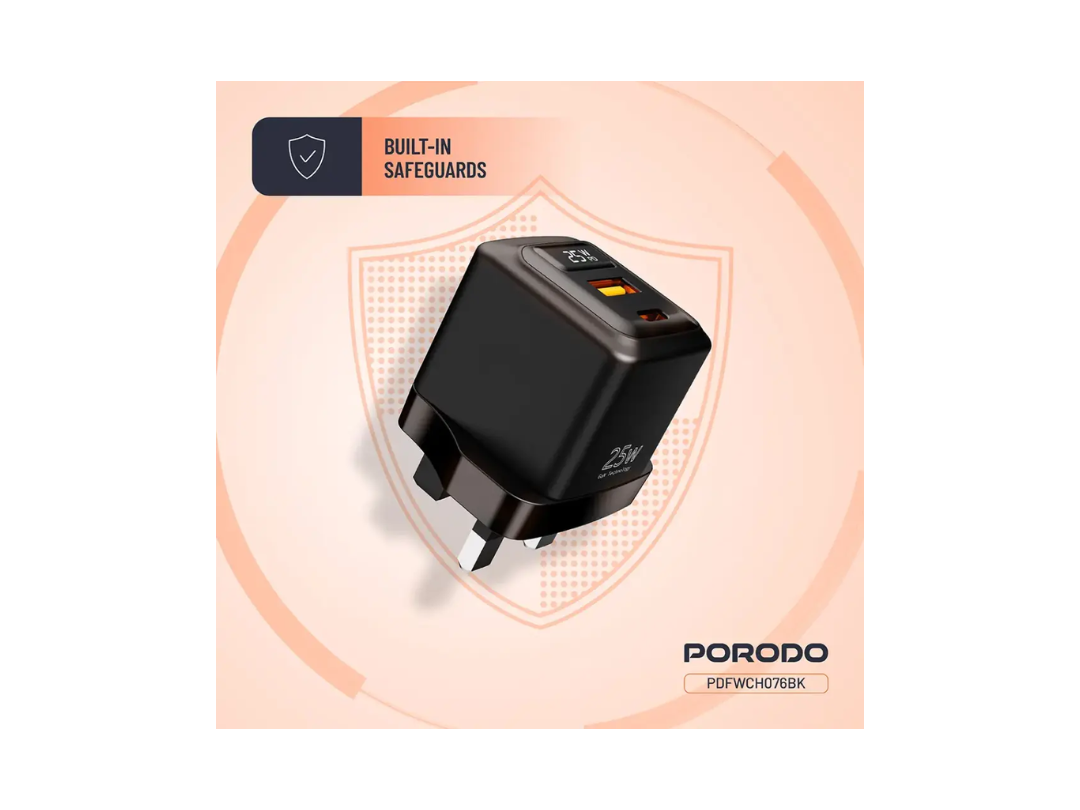محول شاحن جداري ثنائي المنافذ (USB-A، USB-C) من Porodo GaN بقوة 25 واط مع كابل USB C إلى Lightning بطول 1 متر وشاشة عرض الطاقة في الوقت الفعلي - أسود (PDFWCH076LBK) محول شاحن جداري ثنائي المنافذ (USB-A، USB-C) من Porodo GaN بقوة 25 واط مع كابل USB C إلى Lightning بطول 1 متر وشاشة عرض الطاقة في الوقت الفعلي - أسود (PDFWCH076LBK)