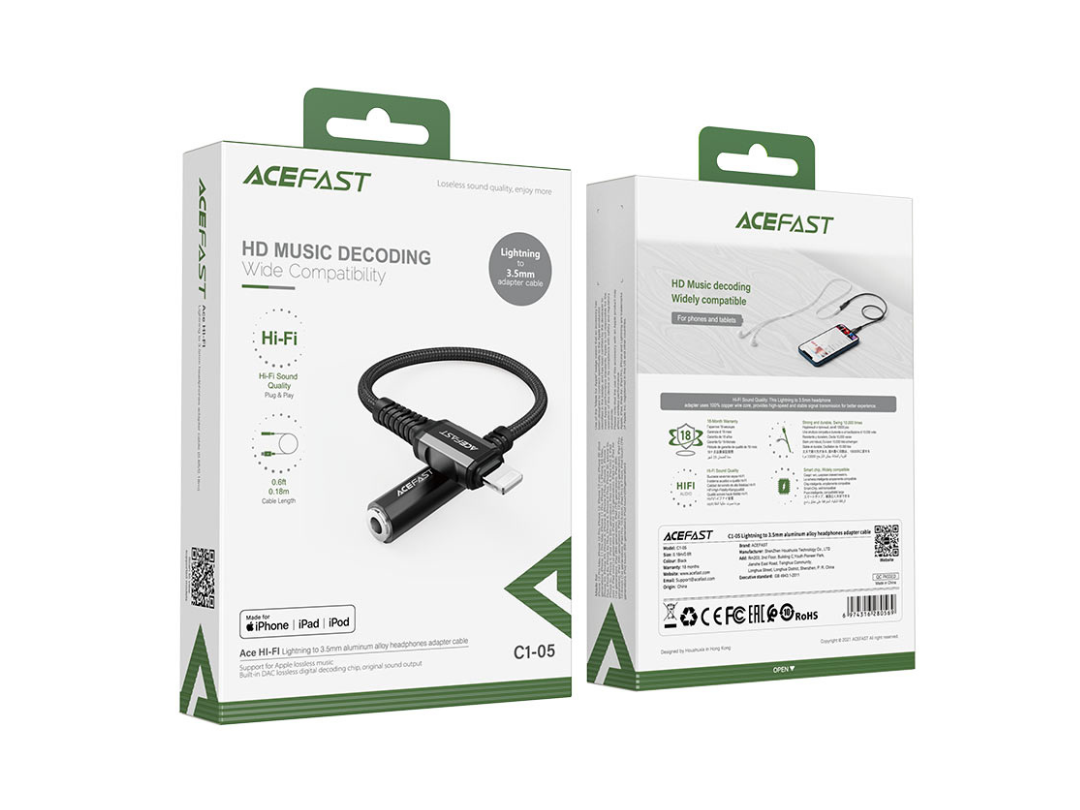 ACEFAST C1-05 Lightning to 3.5mm Audio Cable, MFI Certified - 0.18m