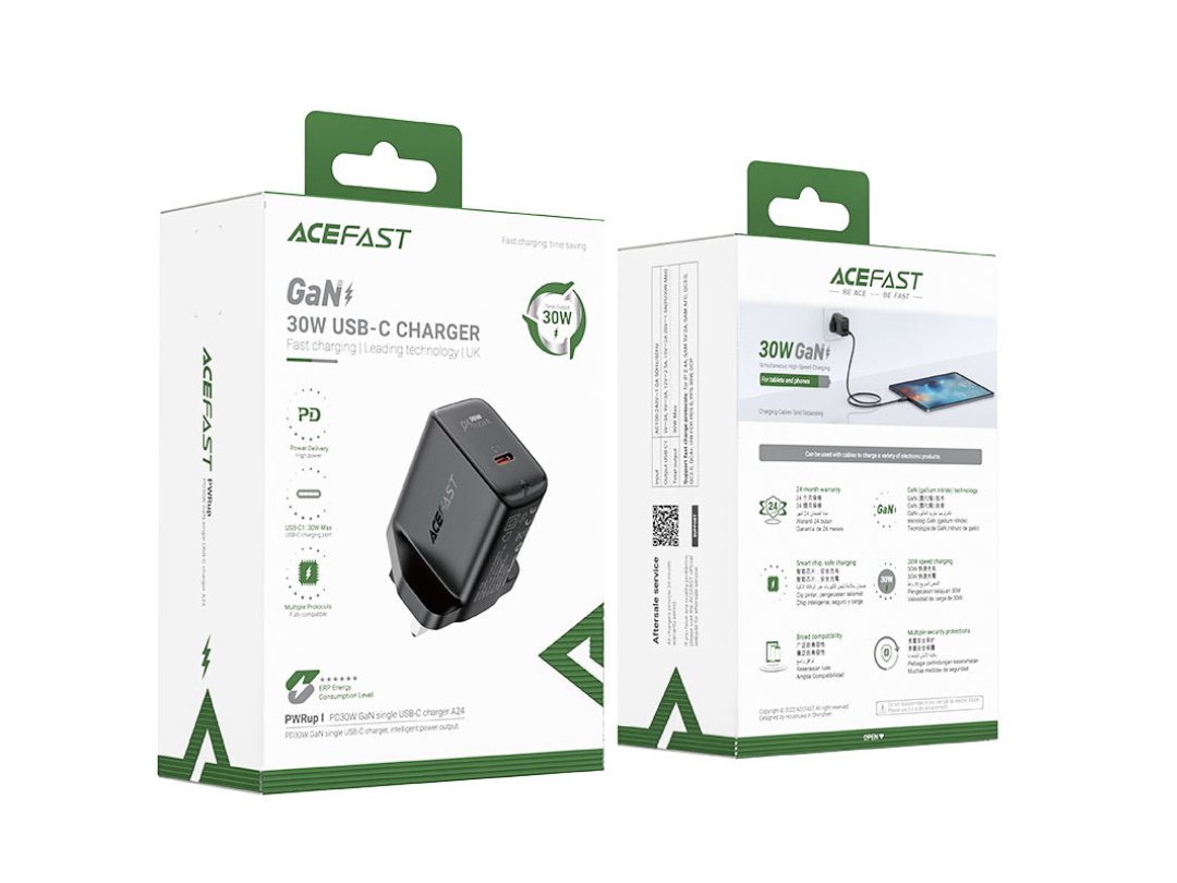 ACEFAST A24 GaN PD30W Wall Charger - USB-C, UK Plug, Compact & Safe