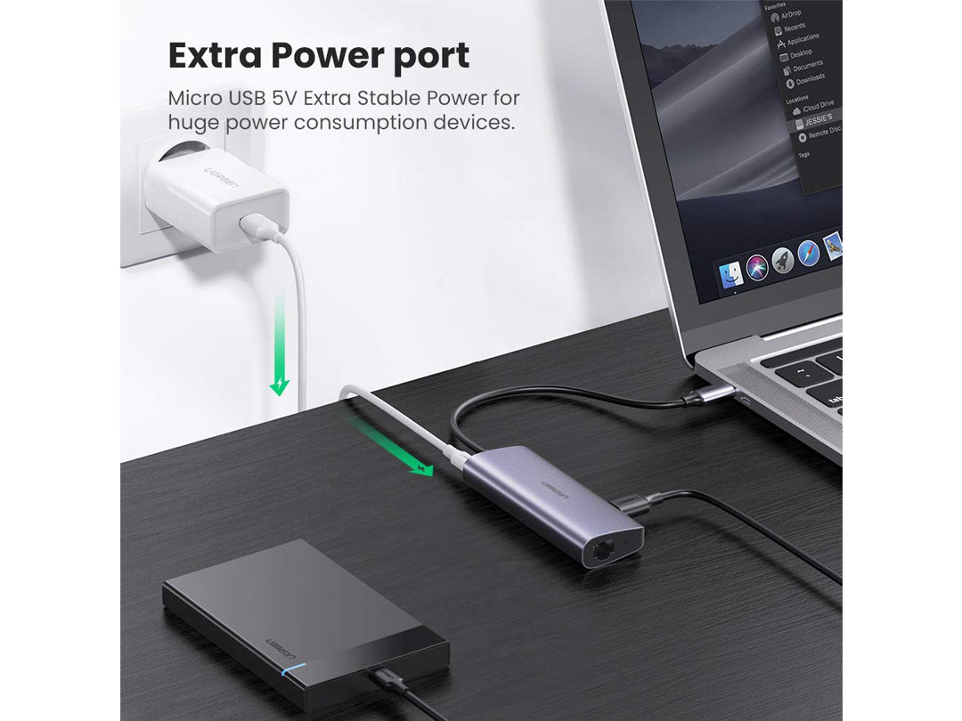 uGreen USB-C إلى RJ45 Gigabit Ethernet + 3 x USB 3.0 Hub + 1 Micro USB 5V للشحن