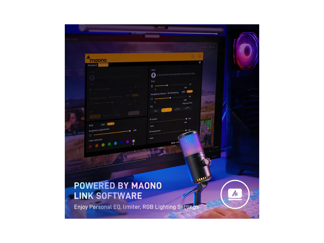 ميكروفون ألعاب USB MAONO DM30-RGB للكمبيوتر الشخصي، ميكروفون مكثف قابل للبرمجة مع إضاءة RGB - أسود