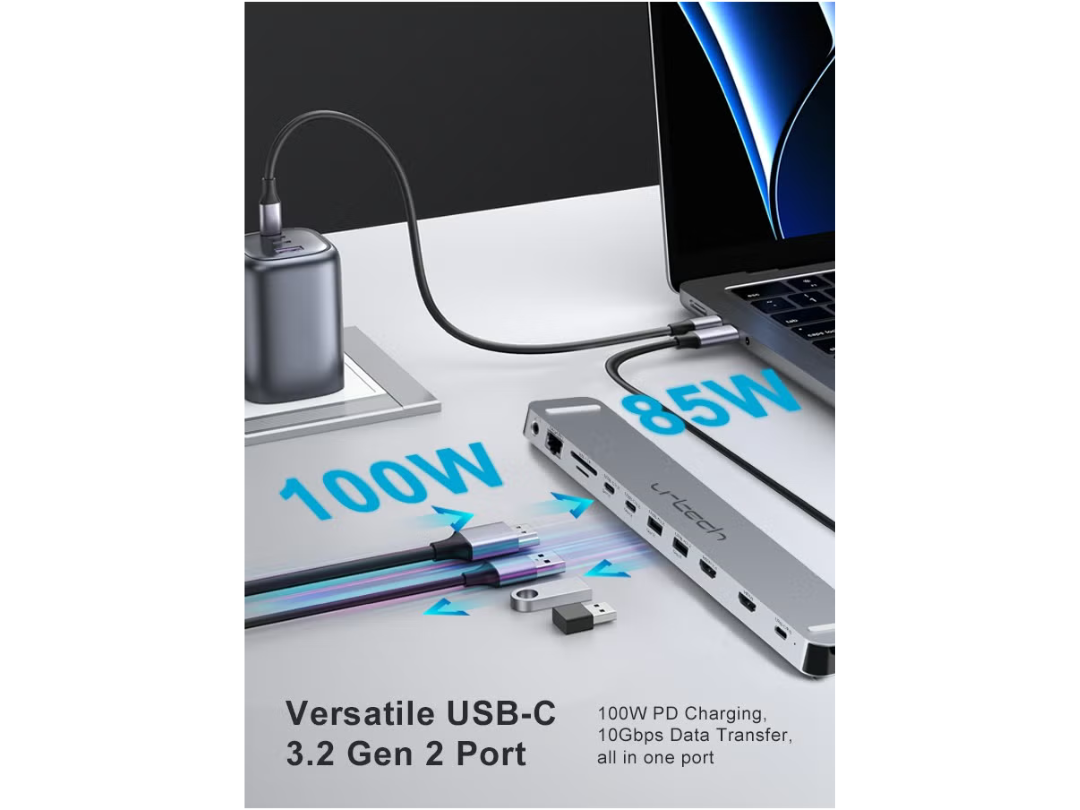 URTECH 11-in-1 Premium USB-C Docking Station | 8K Video | 10Gbps Ethernet | Dual HDMI | 100W Power Delivery | Executive Tech Hub - HUB11-USB-100W