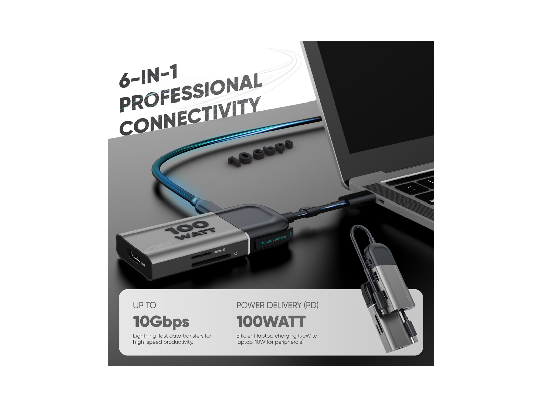 Buy URTECH 6-in-1 USB-C Hub | 4K HDMI + Privacy Switch | in Qatar
