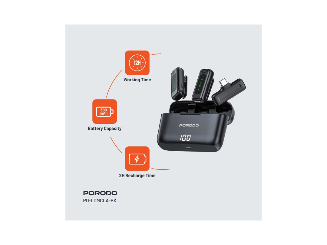 Porodo Lavalier Double Microphone with Charging Case - Black