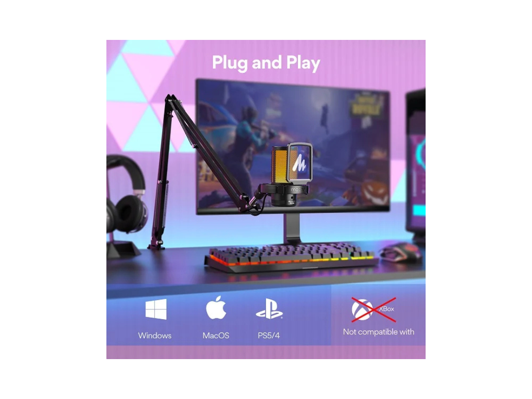 ميكروفون Maonocaster Condenser USB Gaming RGB مع ذراع Boom للبث المباشر - أسود