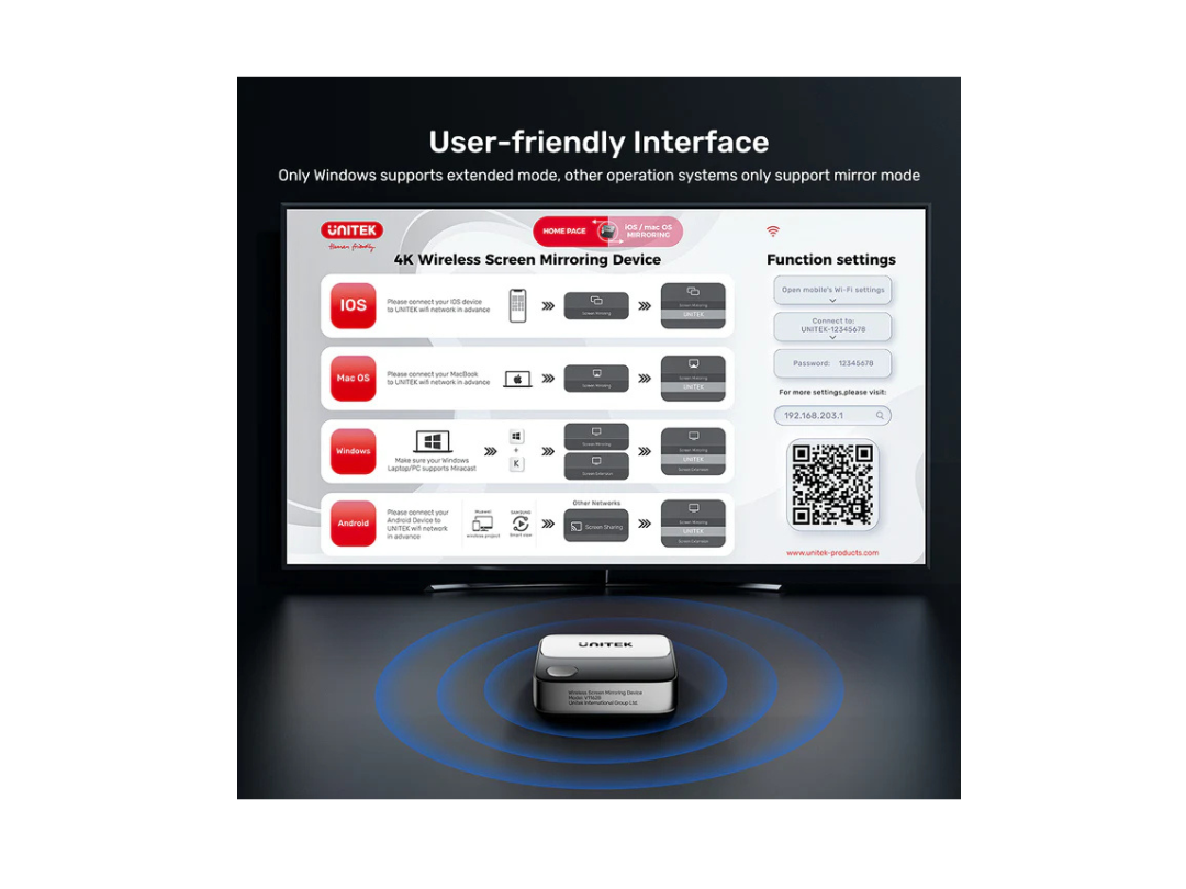 Unitek 4K HDMI Wireless Screen Mirroring Device - 25M, Easy Setup