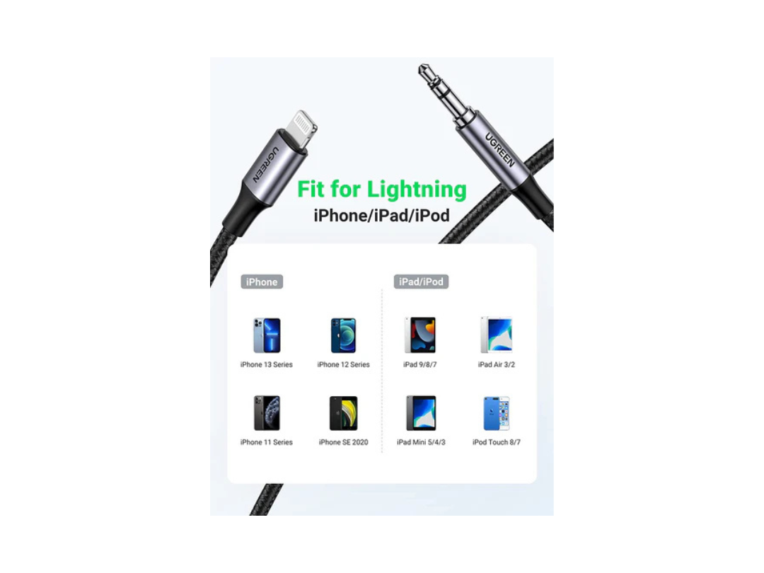 كابل Lightning إلى Aux مقاس 3.5 مم مضفر من uGreen MFI (معتمد من Apple) بطول 1 متر (أسود) US315-70509