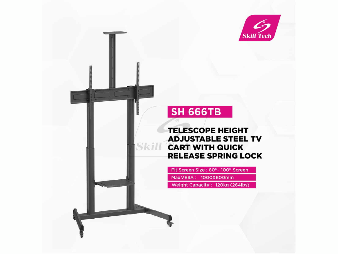 Skill Tech SH 666TB Telescope Height-Adjustable Steel TV Floor Cart Stand With Quick-Release Spring Lock - Suitable for most 60''~ 100