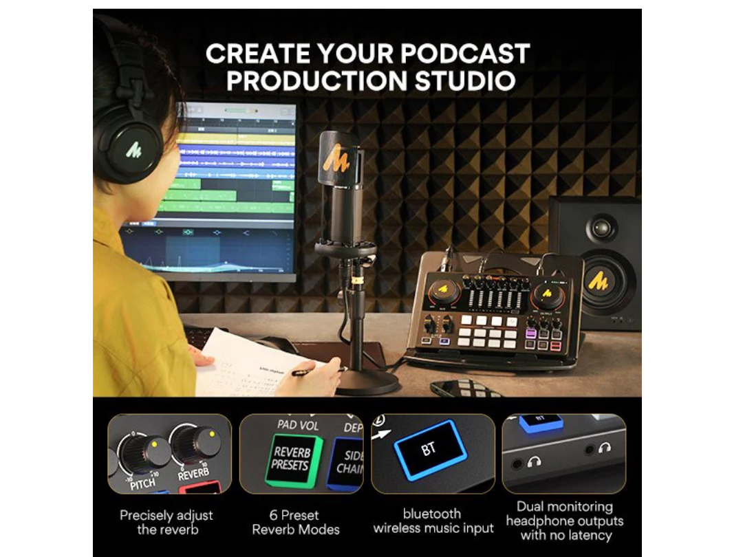 Maonocaster AME2A All-In-One Podcast Equipment Audio Interface Bundle with XLR Condenser Microphone for Recording, Streaming, Voice Over, Youtube, PC, Guitar - Black