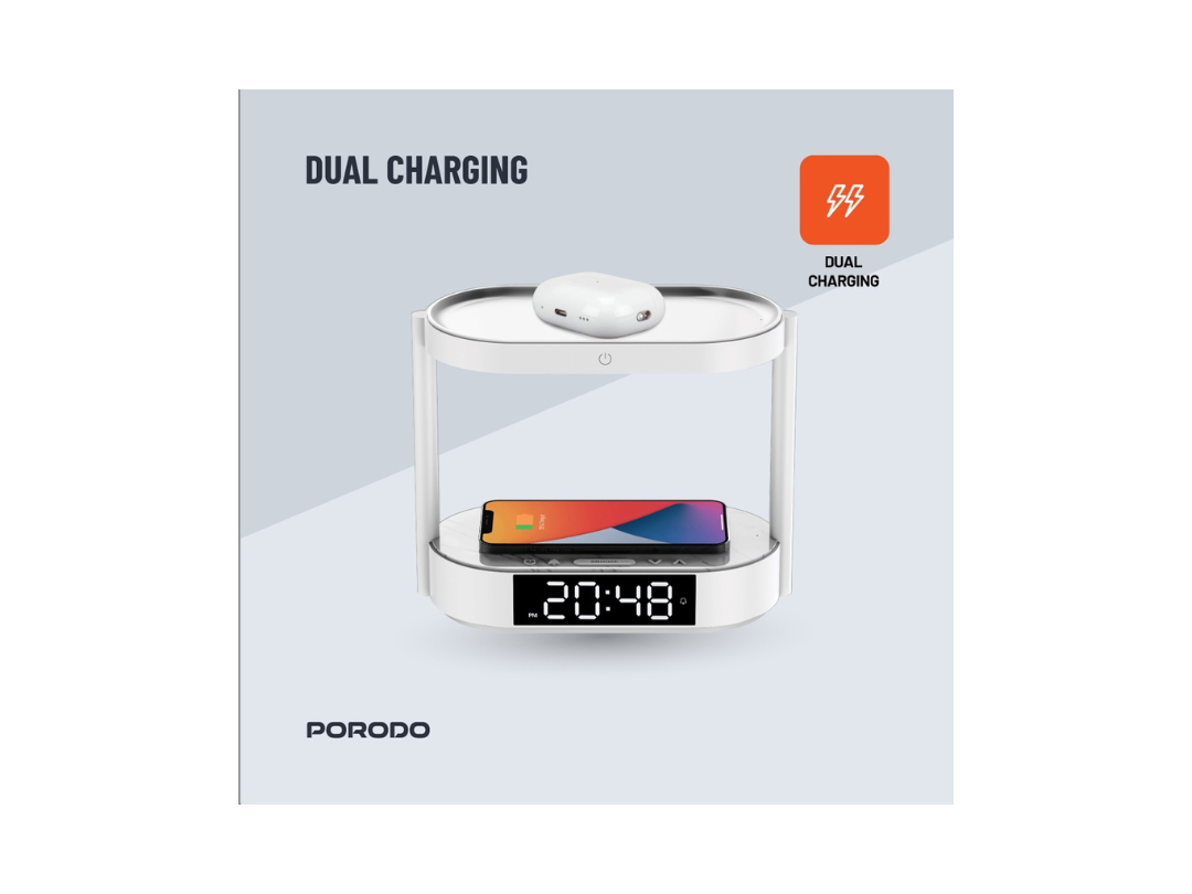 Porodo Bedside Lamp with Wireless Charger & Digital Clock - White