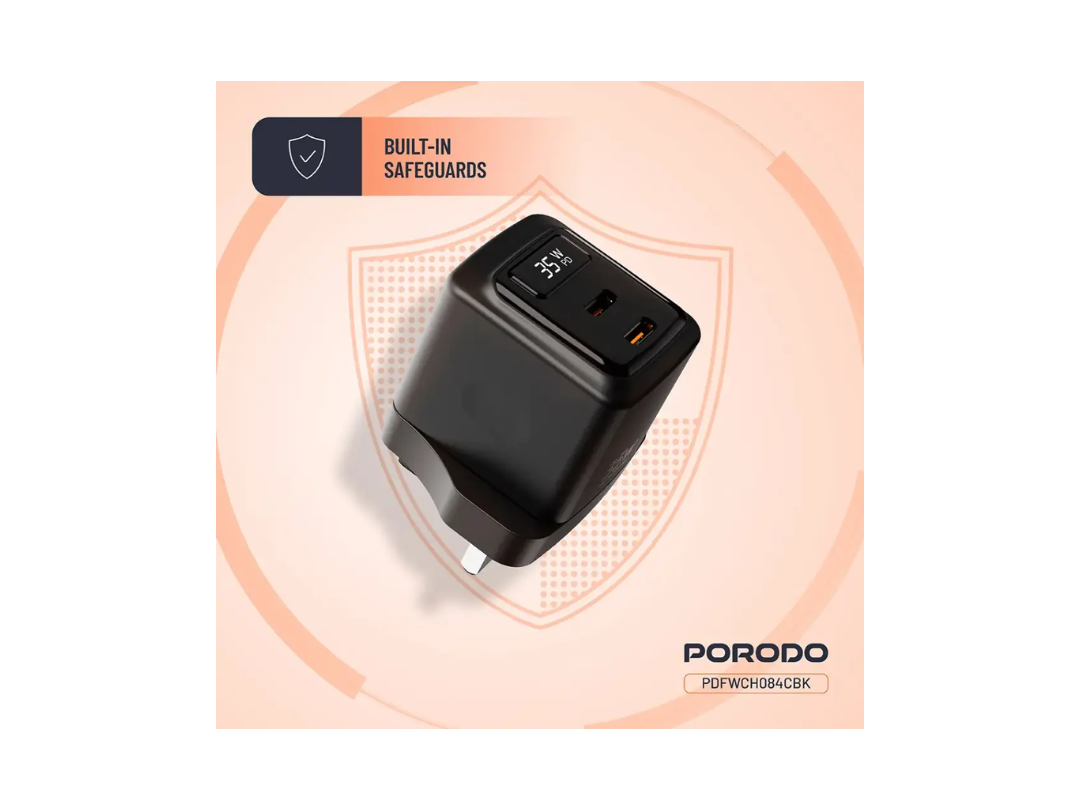 شاحن حائط Porodo GaN بقوة 35 واط بمنفذي USB-C وكابل USB من النوع C إلى C بطول 1 متر مع عرض الطاقة في الوقت الفعلي - أسود (PDFWCH084CBK) شاحن حائط Porodo GaN بقوة 35 واط بمنفذي USB-C وكابل USB من النوع C إلى C بطول 1 متر مع عرض الطاقة في الوقت الفعلي - أسود (PDFWCH084CBK)