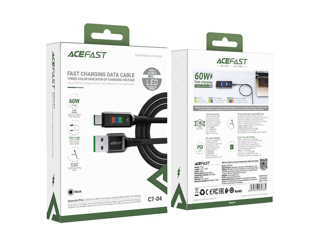 Acefast USB-A to USB-C Charging Cable 60W - Fast, Durable, MFI Certified