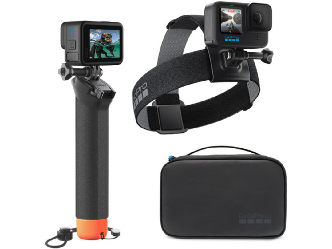 GoPro Adventure Kit 3.0 with Handler floating handgrip, a head strap, a clip, and carry case