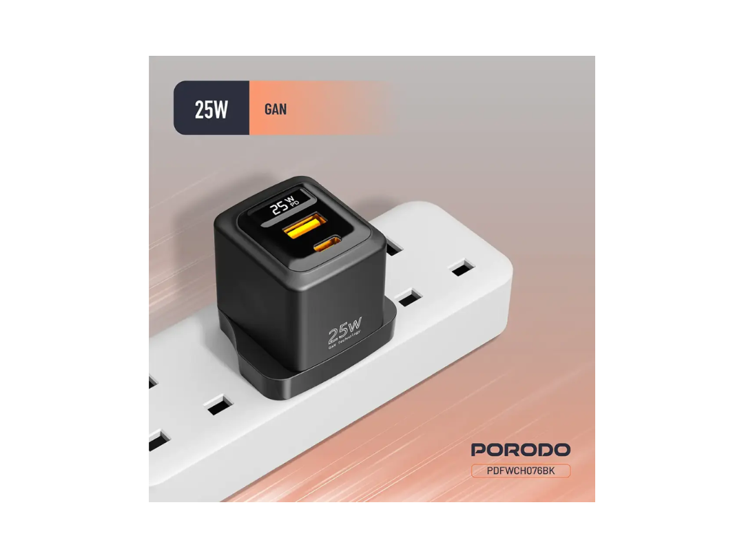محول شاحن جداري ثنائي المنافذ (USB-A، USB-C) من Porodo GaN بقوة 25 واط مع كابل USB C إلى Lightning بطول 1 متر وشاشة عرض الطاقة في الوقت الفعلي - أسود (PDFWCH076LBK) محول شاحن جداري ثنائي المنافذ (USB-A، USB-C) من Porodo GaN بقوة 25 واط مع كابل USB C إلى Lightning بطول 1 متر وشاشة عرض الطاقة في الوقت الفعلي - أسود (PDFWCH076LBK)