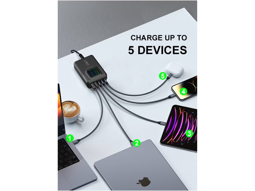 محطة شحن سطح المكتب URTECH GaN متعددة المنافذ بقدرة ٢٠٠ واط | شاشة عرض LED ذكية للطاقة | شاحن USB سريع بخمسة منافذ | ٣ منافذ USB-C + ٢ منافذ USB-A | ١٠٠ واط PD | موزع طاقة متعدد الأجهزة - CHG200-USB-LED5P