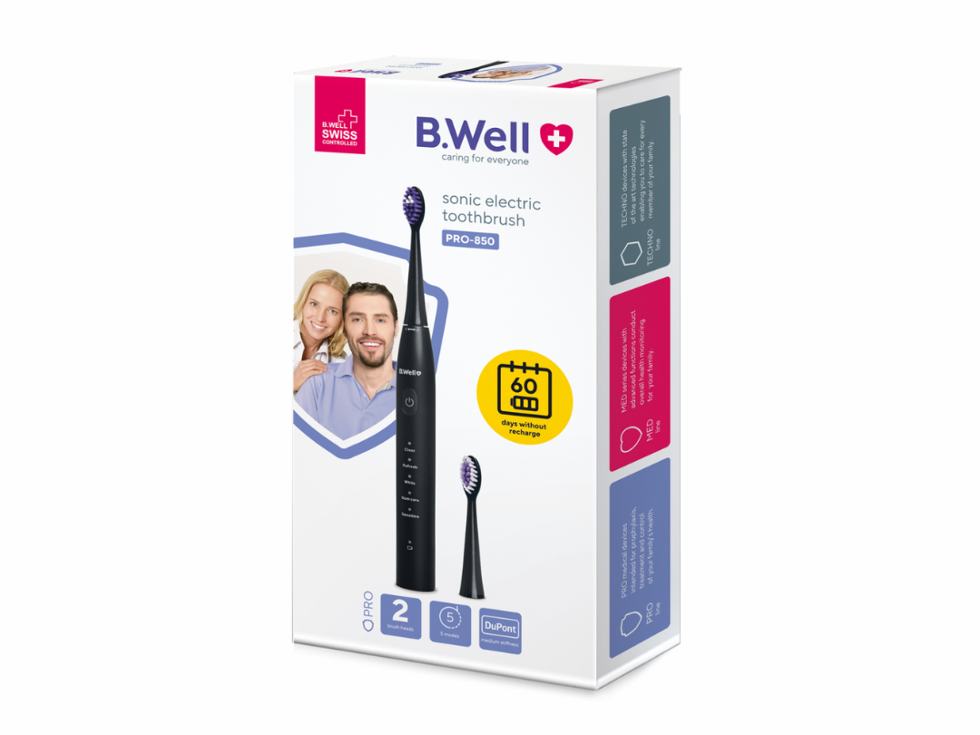 B.Well PRO 850 Electric sonic toothbrush, 60 days without recharging, 5 operation modes, 2 brush heads, USB cable, handbag, without adapter B.Well PRO 850 Electric sonic toothbrush, 60 days without recharging, 5 operation modes, 2 brush heads, USB cable, handbag, without adapter