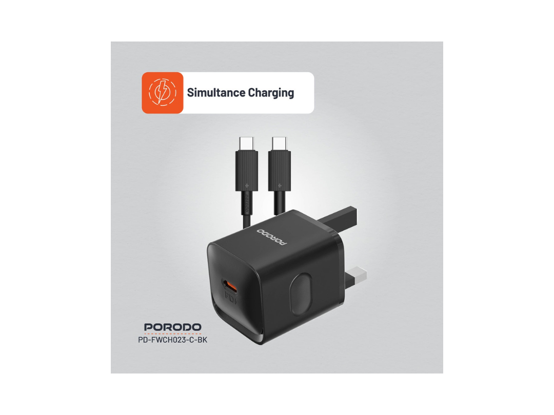 Porodo PD 20W USB-C Power Delivery Wall Charger Adapter with Type C to C Cable - Black (PD-FWCH023-C-BK) Porodo PD 20W USB-C Power Delivery Wall Charger Adapter with Type C to C Cable - Black (PD-FWCH023-C-BK)