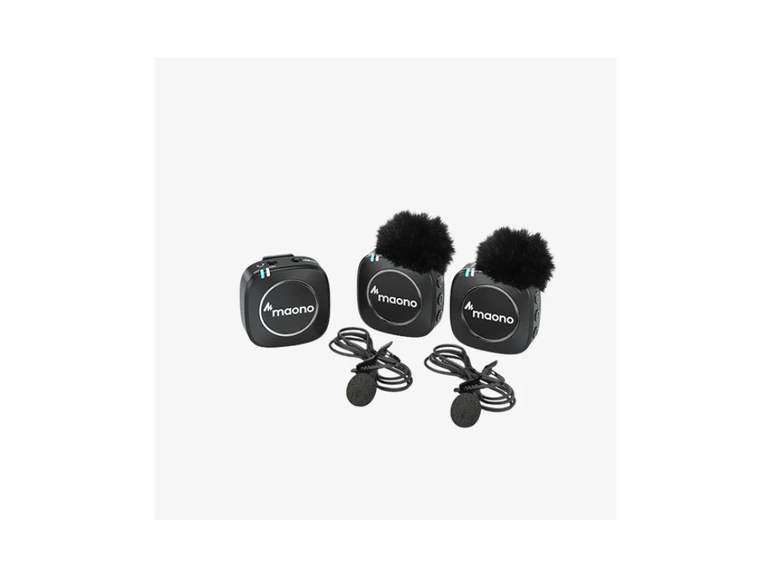 Maonocaster AU WM820A2 Dual Person Compact Wireless Lavalier Microphone 2.4GHz with Real time Monitoring and 22 Level Gain Adjustmen