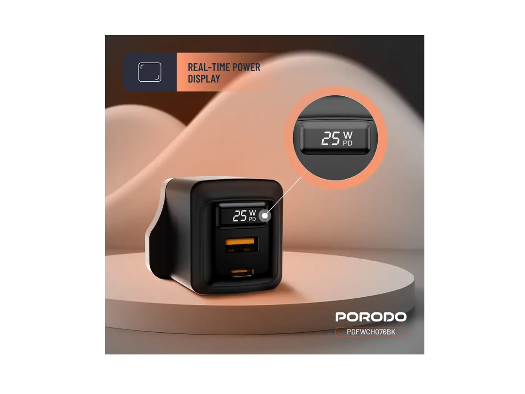 شاحن حائط Porodo GaN بقوة 35 واط بمنفذي USB-C وكابل USB من النوع C إلى C بطول 1 متر مع عرض الطاقة في الوقت الفعلي - أسود (PDFWCH084CBK) شاحن حائط Porodo GaN بقوة 35 واط بمنفذي USB-C وكابل USB من النوع C إلى C بطول 1 متر مع عرض الطاقة في الوقت الفعلي - أسود (PDFWCH084CBK)