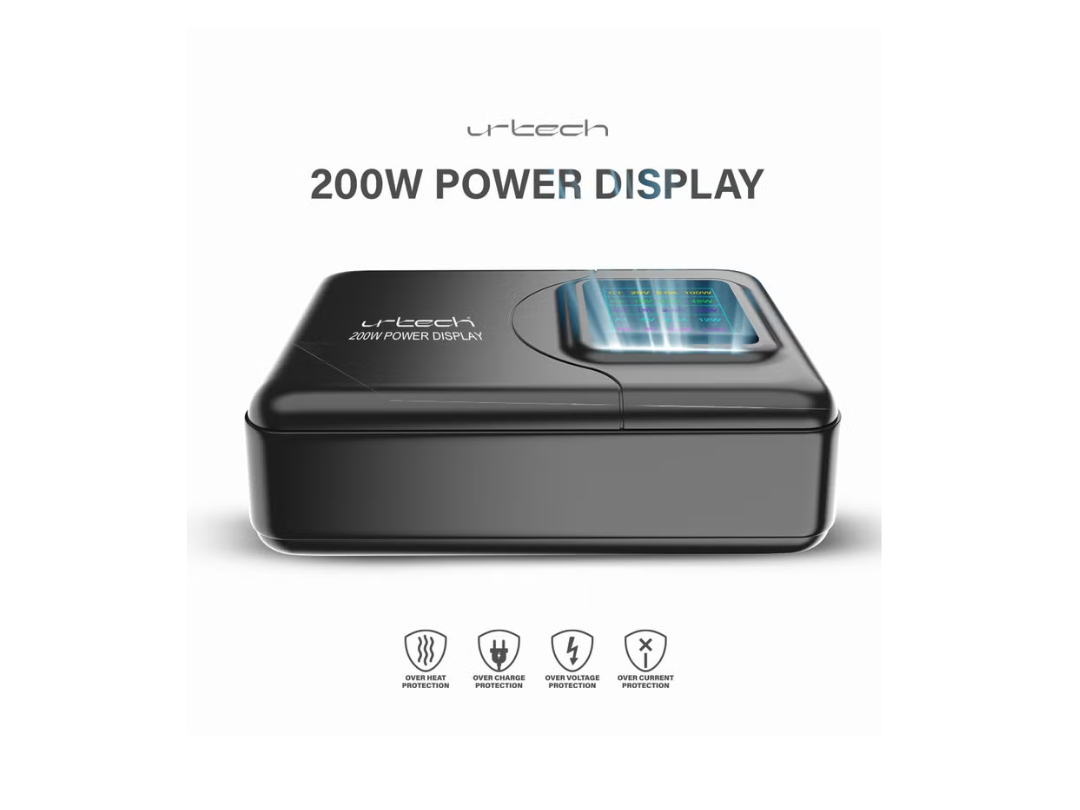محطة شحن سطح المكتب URTECH GaN متعددة المنافذ بقدرة ٢٠٠ واط | شاشة عرض LED ذكية للطاقة | شاحن USB سريع بخمسة منافذ | ٣ منافذ USB-C + ٢ منافذ USB-A | ١٠٠ واط PD | موزع طاقة متعدد الأجهزة - CHG200-USB-LED5P