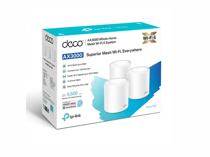 TP-Link Deco X50 (3-pack) AX3000 Dual Band WiFi 6 Mesh System, Up to 3.0 Gbps, AI-Driven, Coverage up to 6500ft², Suitable for Large Homes, Multi-Story Buildings, Gaming, 4K/8K Video Streaming, Alexa & Google Home