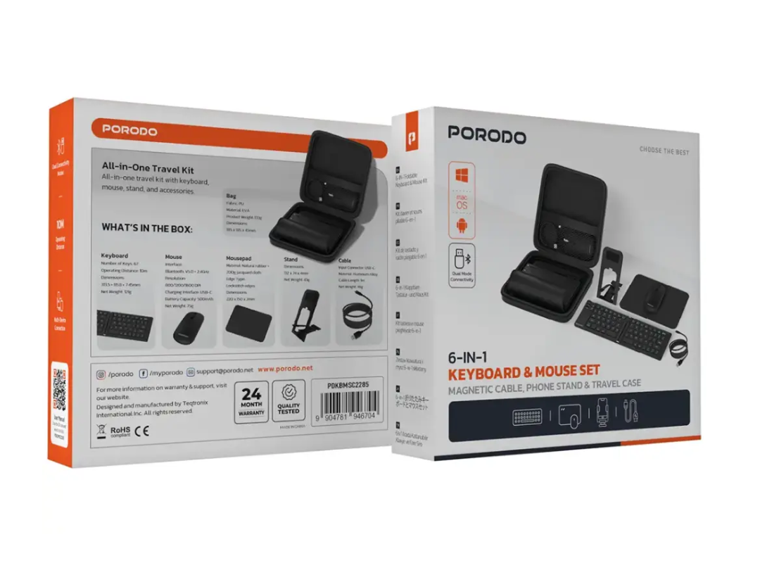 Porodo 6‑In‑1 Keyboard & Mouse Set – Black | Phone Stand & Travel Case | Qatar