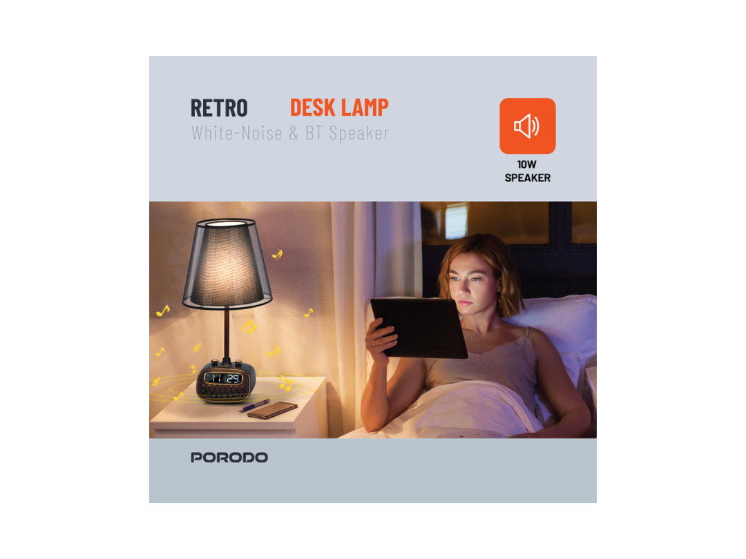 Porodo Retro Desk Lamp with White Noise & Bluetooth Speaker - Black