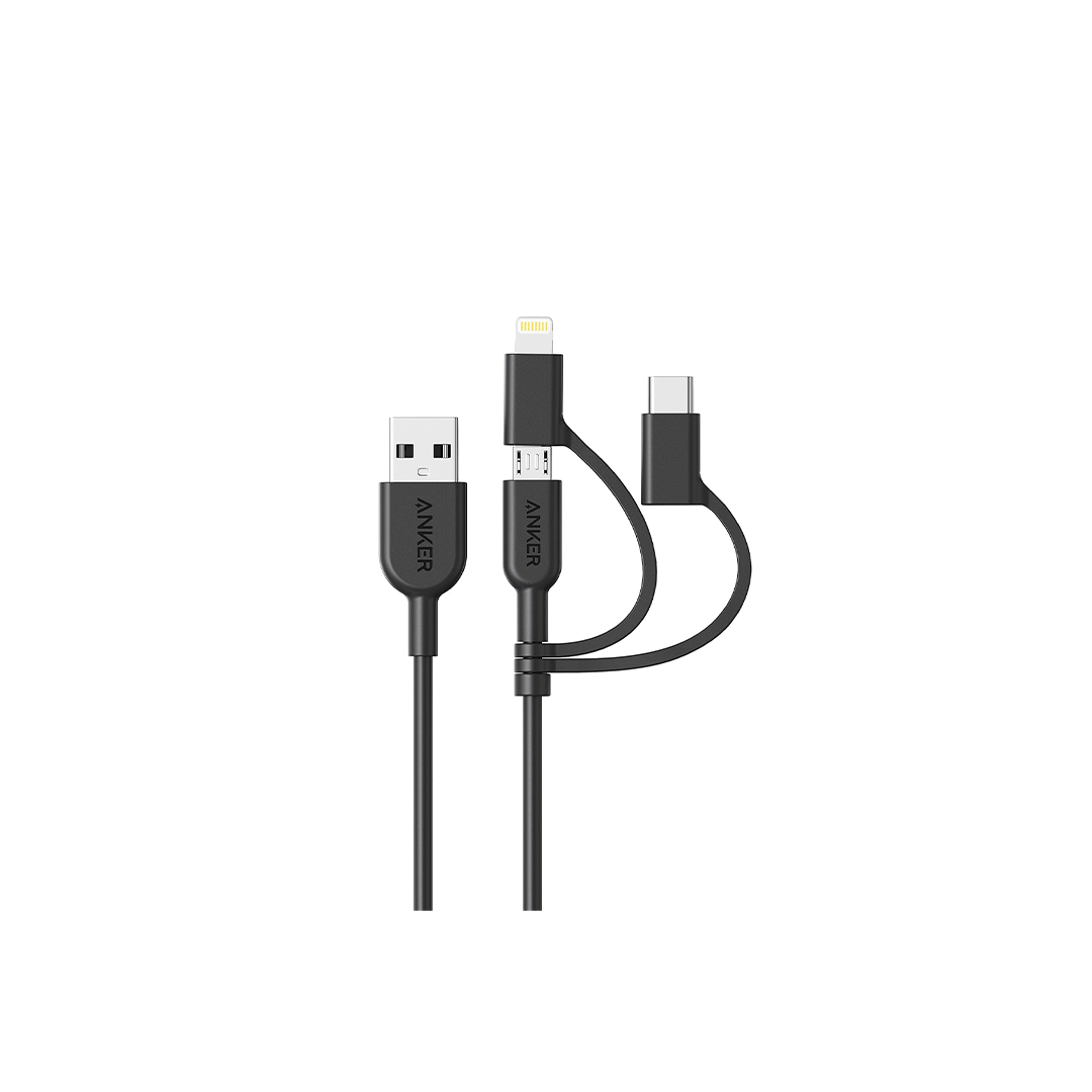 Anker 3-in-1 USB-A to Micro-USB, USB-C, Lightning MFI Certified Fast Charging Cable 3ft - Black in Qatar