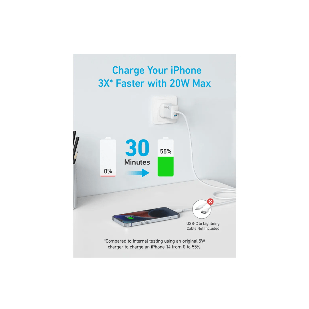 Anker Charger 20W Dual Ports USB C Gan Charger - White in Qatar