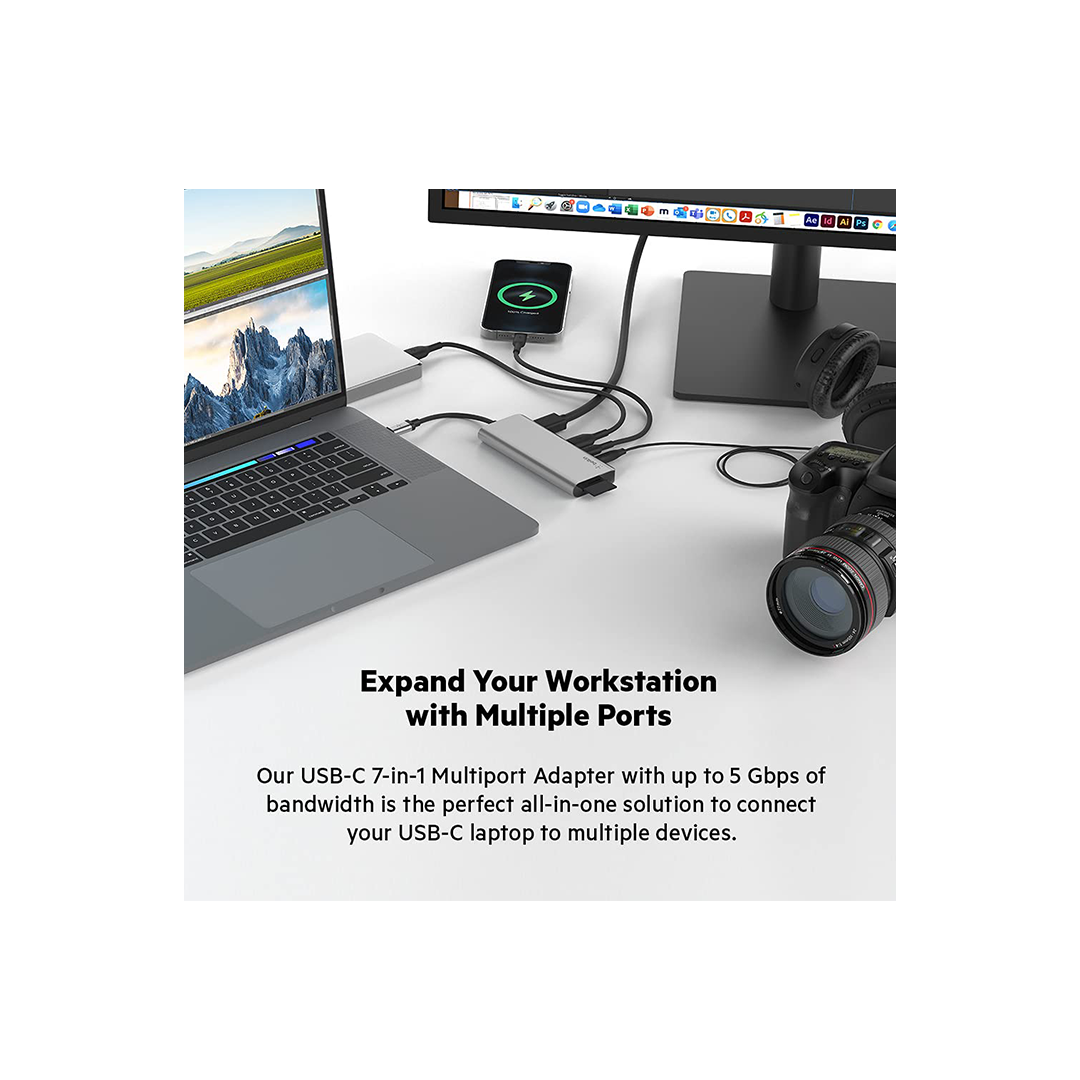 Belkin USB C Hub, 7-in-1 MultiPort Adapter Dock with 4K HDMI, USB-C 100W PD Pass-Through Charging, 2 x USB A, 3.5mm Audio, SD 3.0 Slot and Micro SD 3.0 for MacBook Pro, Air, iPad Pro, XPS and More in Qatar