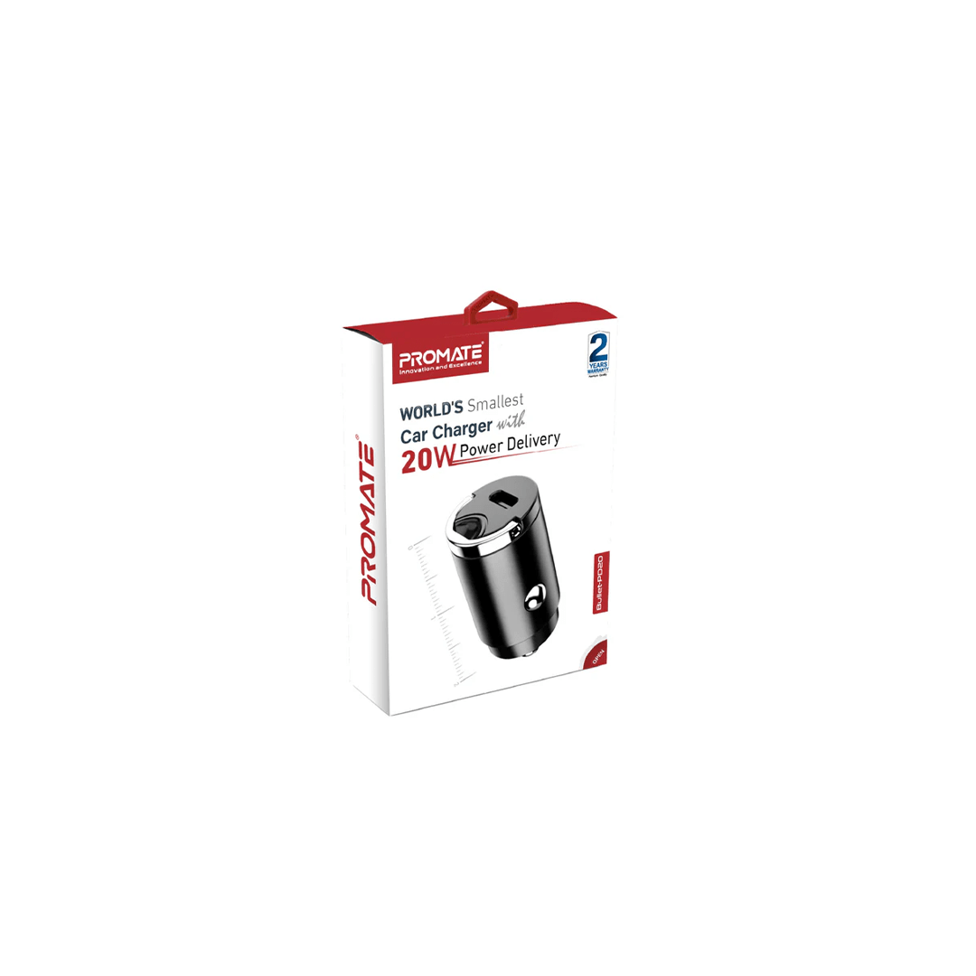 Promate Bullet-PD20 World's Smallest Car Charger with 20W Power Delivery - Black in Qatar