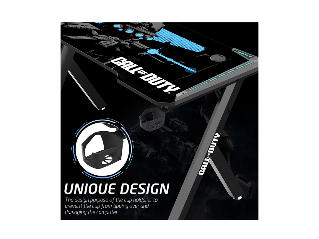 GAMEON Call Of Duty (COD) Hawksbill Series RGB Flowing Light Gaming Desk With Mouse pad, Headphone Hook & Cup Holder - Black/Blue in Qatar