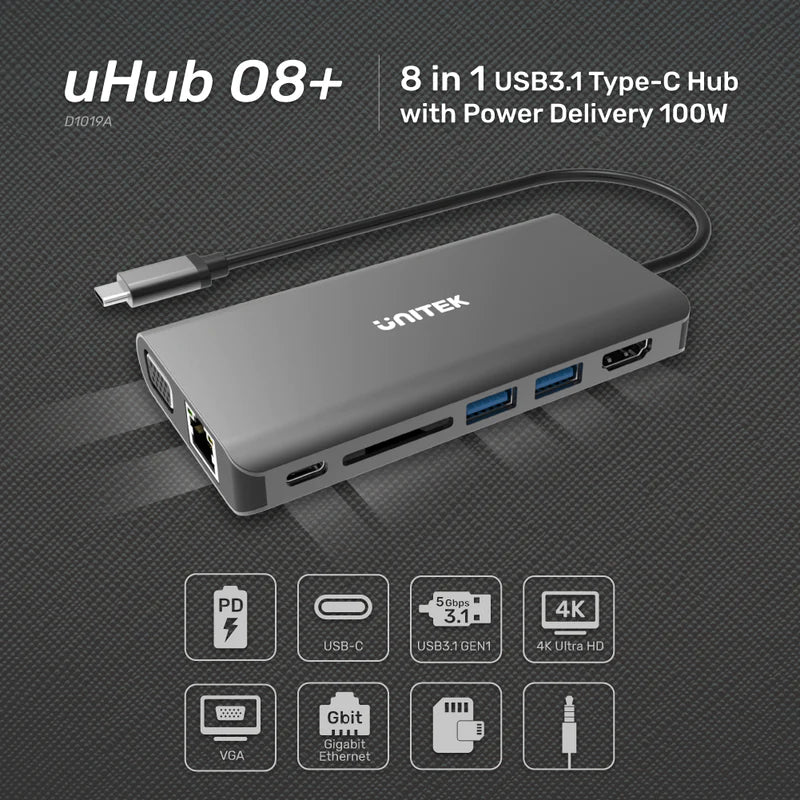 Unitek uHUB O8+ 8-in-1 USB-C Ethernet Hub with Dual Monitor, 100W Power Delivery and Card Reader