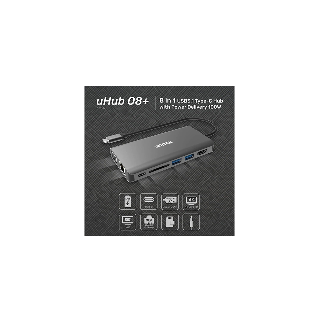 Unitek uHUB O8+ 8-in-1 USB-C Dual Display Hub with USB 5Gbps and PD 100W Charging