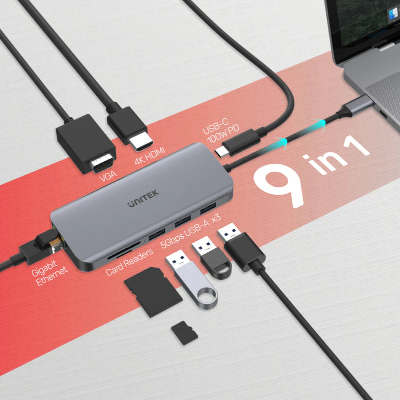 موزع إيثرنت 9 في 1 من Unitek D1026B uHUB N9+ USB-C مع شاشة مزدوجة، وتوصيل طاقة 100 واط، وقارئ بطاقات مزدوج موزع إيثرنت 9 في 1 من Unitek D1026B uHUB N9+ USB-C مع شاشة مزدوجة، وتوصيل طاقة 100 واط، وقارئ بطاقات مزدوج