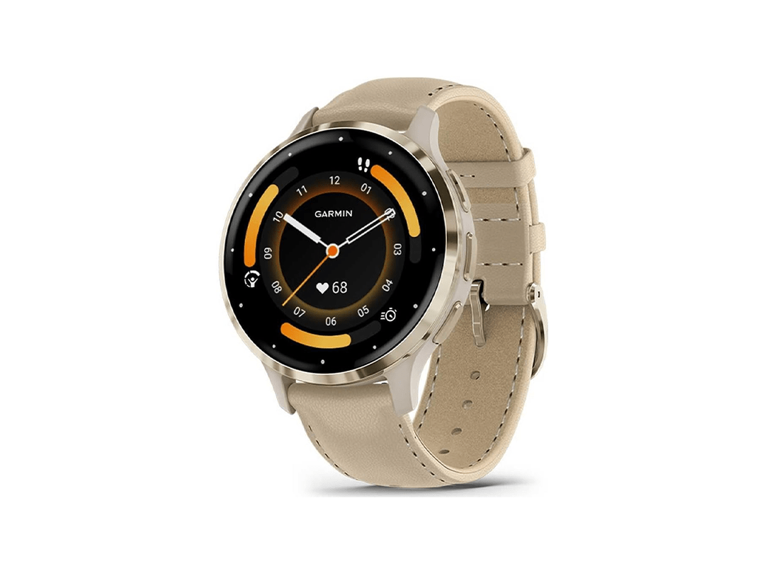 Garmin Venu 3s GPS Smartwatch Soft Gold Stainless Steel Bezel With French Grey Case and Leather Band (includes French Gray silicone band) 41mm in Qatar