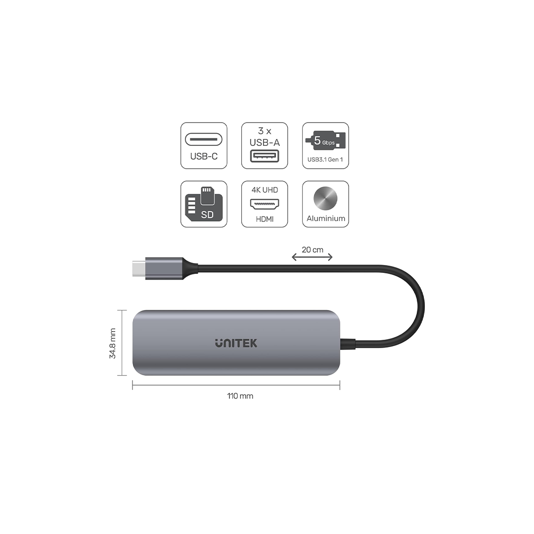 Unitek uHUB P5+ 6-in-1 USB-C Hub with HDMI and Dual Card Reader
