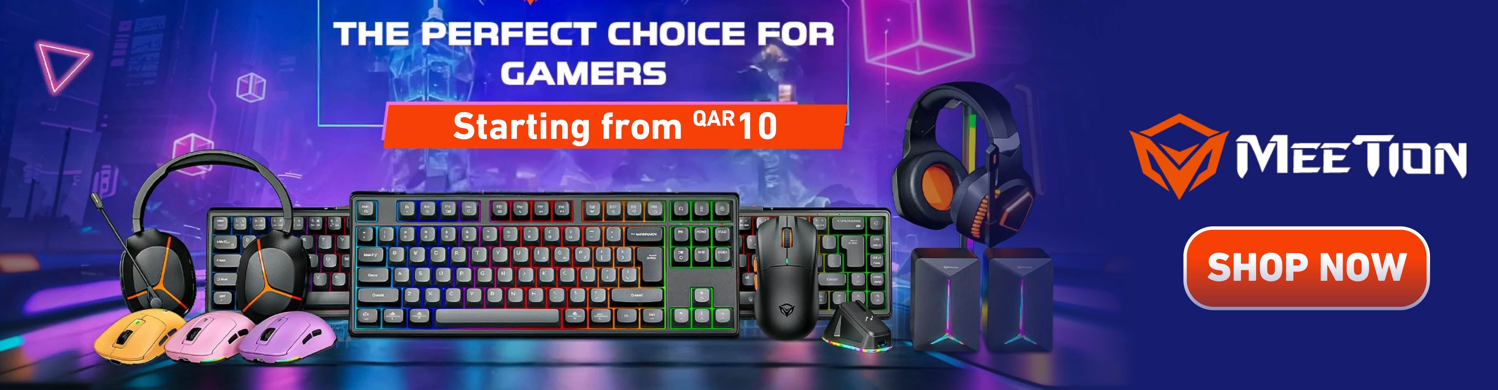Gaming accessories including a keyboard and headphones with MeeTion branding on a dark background.