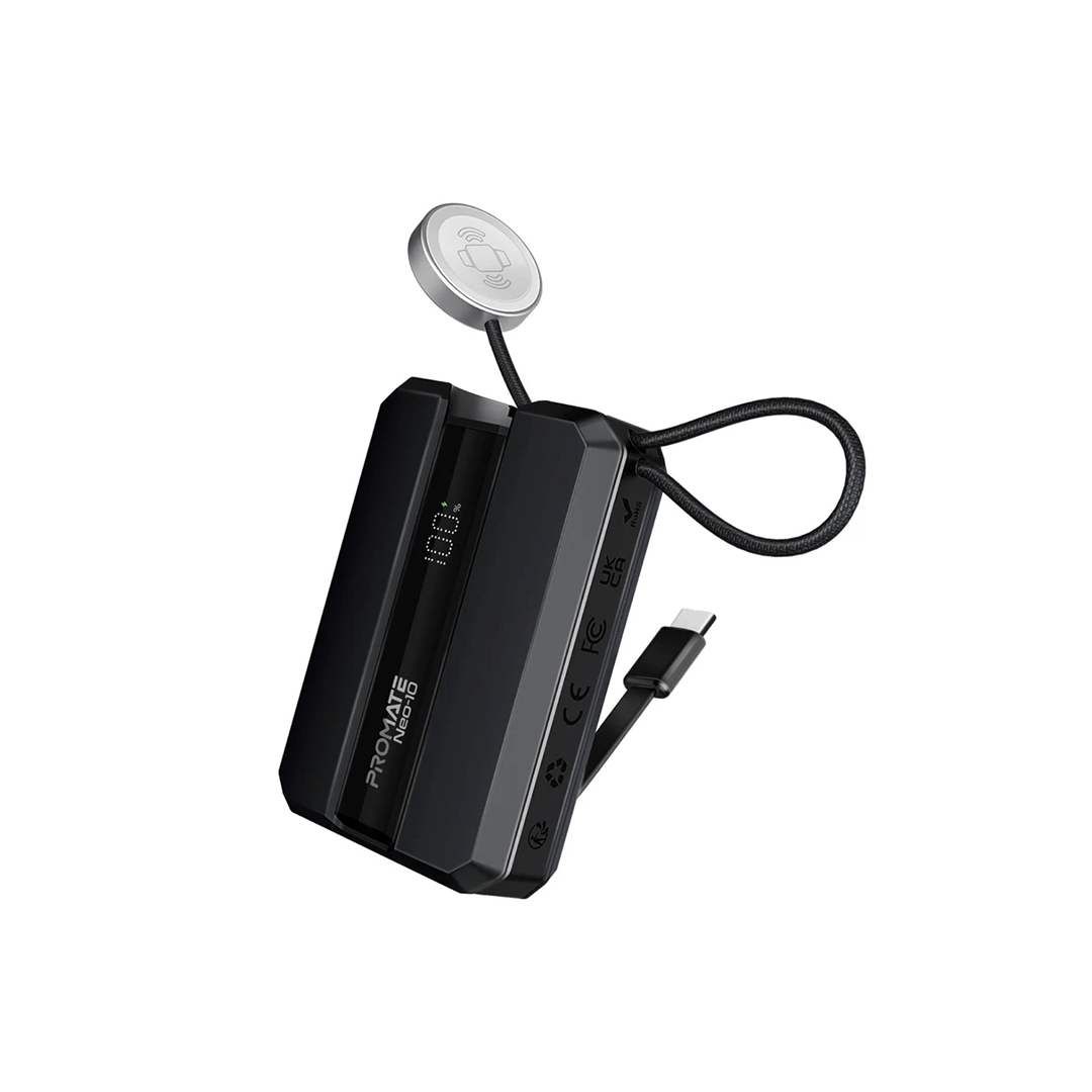 Promate Neo-10 30W 10000mAh Power Delivery Smartphone & Apple Watch Charging Power Bank with in-built USB-C Cable - Black in Qatar