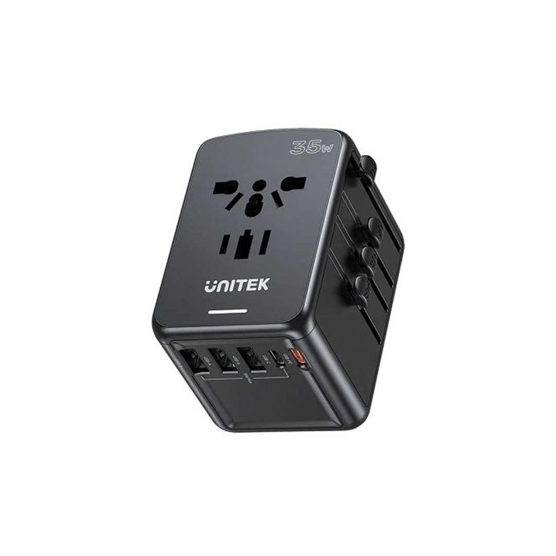 Unitek P1121ABK 35W Universal Travel Power Adapter (2*USB-C PD + 3*USB-A QC3.0) with EU/UK/US/AU Plugs- Black
